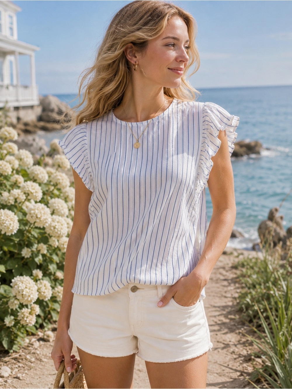 Old Navy White Blue Stripe Ruffle Sleeve Blouse XL Cottagecore Coastal